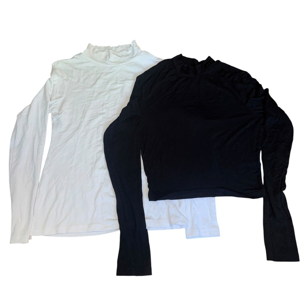 Set of 2 Womens Mock Neck Long Sleeve Tops Black Cropped/ White Full Length Slim